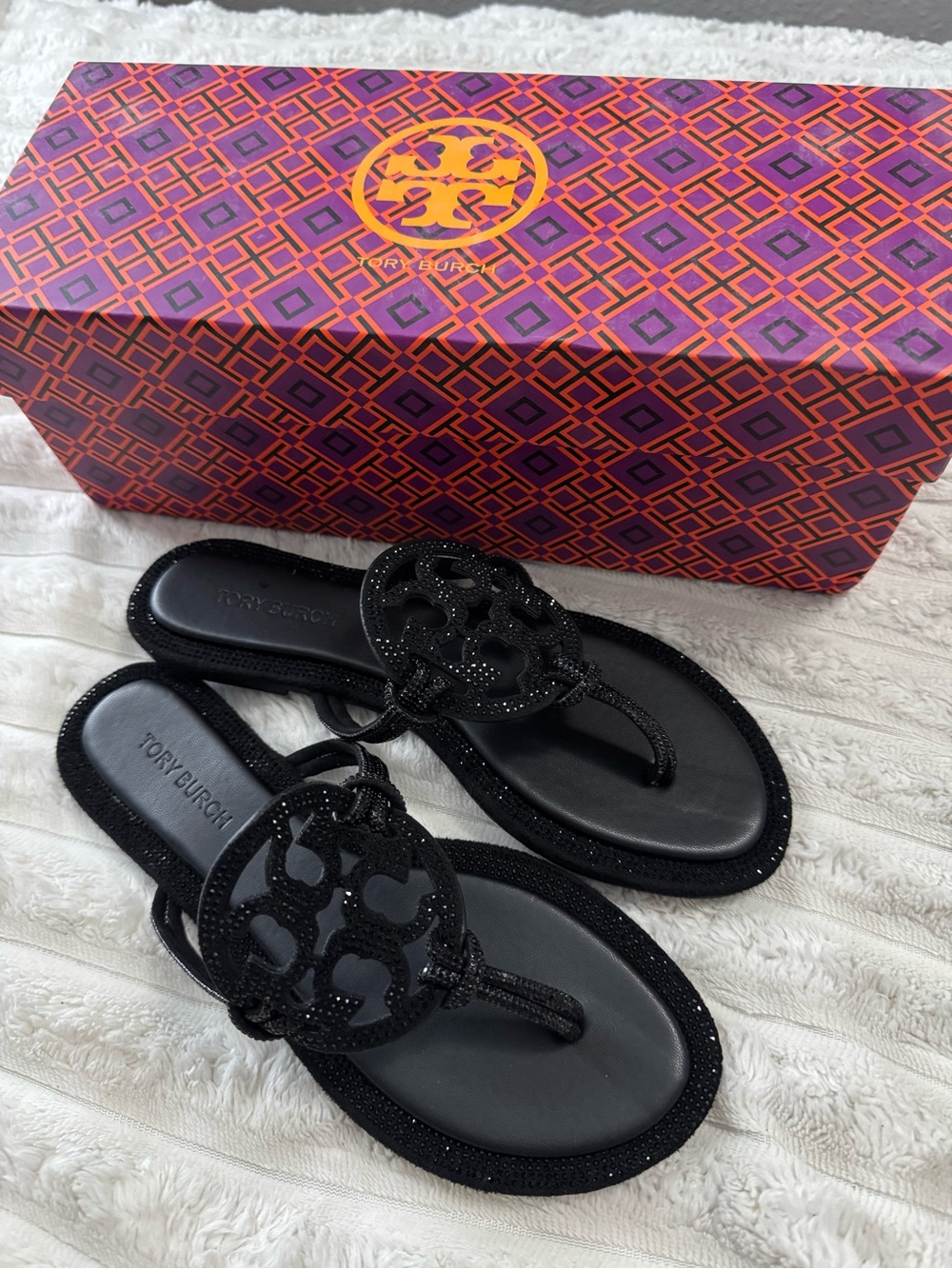 Tory Burch Black Glitter Miller Logo Thong Sandals